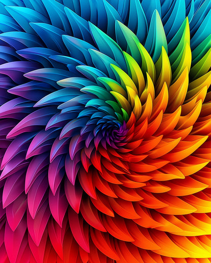 Das Bild zeigt den Farbenwirbel des Friedens von miicreaitve, ein Mandalas-Malen-nach-Zahlen-Kit. Lebendige Regenbogenfarben vereinen sich zu einem hypnotischen, spiralförmigen Design, das Kreativität und Achtsamkeit fördert.