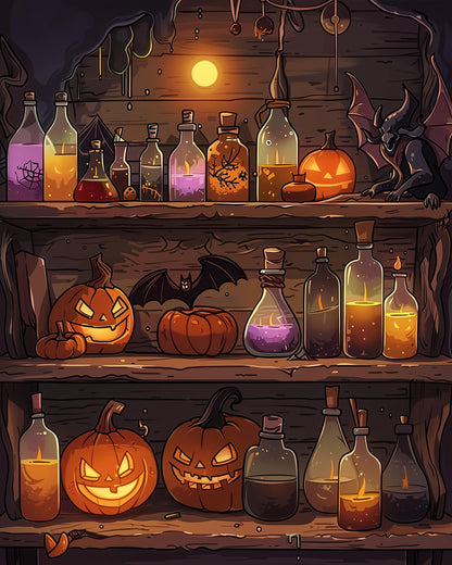 Illustration eines Halloween-Alchemie-Regals mit Flaschen, Kürbissen und einer Fledermaus. Titel: Geheimnisvolle Halloween-Alchemie - miicreaitve. Die warmen Farben und geheimnisvollen Elemente regen zu Achtsamkeit und Kreativität an.