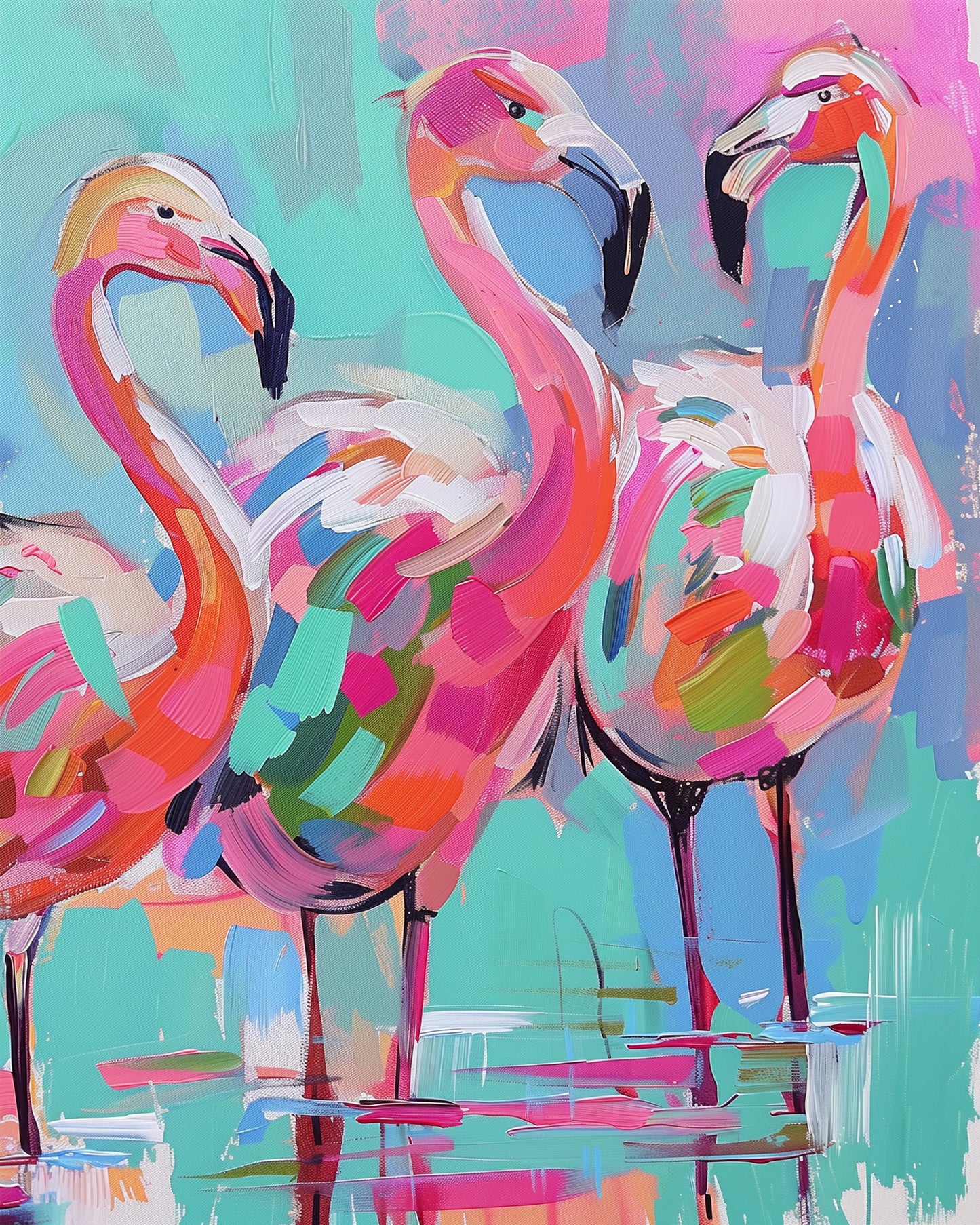 Lebhaftes Bild von Flamingos in leuchtenden Farben, mit dem Titel Flamingotanz - Abstract Animals von miicreaitve, das die kreativ-meditative Seite des Malens hervorhebt.