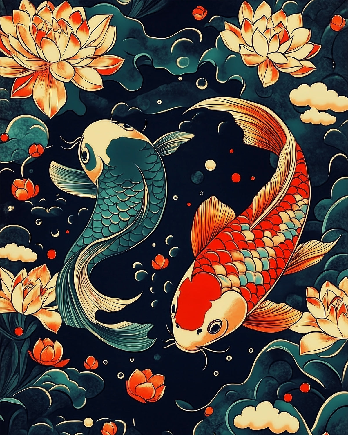miicreative präsentiert Koi im Wasser Malen nach Zahlen. Lebendige Fische und Lotus in asiatischem Stil. Perfekt zum Entspannen und Gestalten.