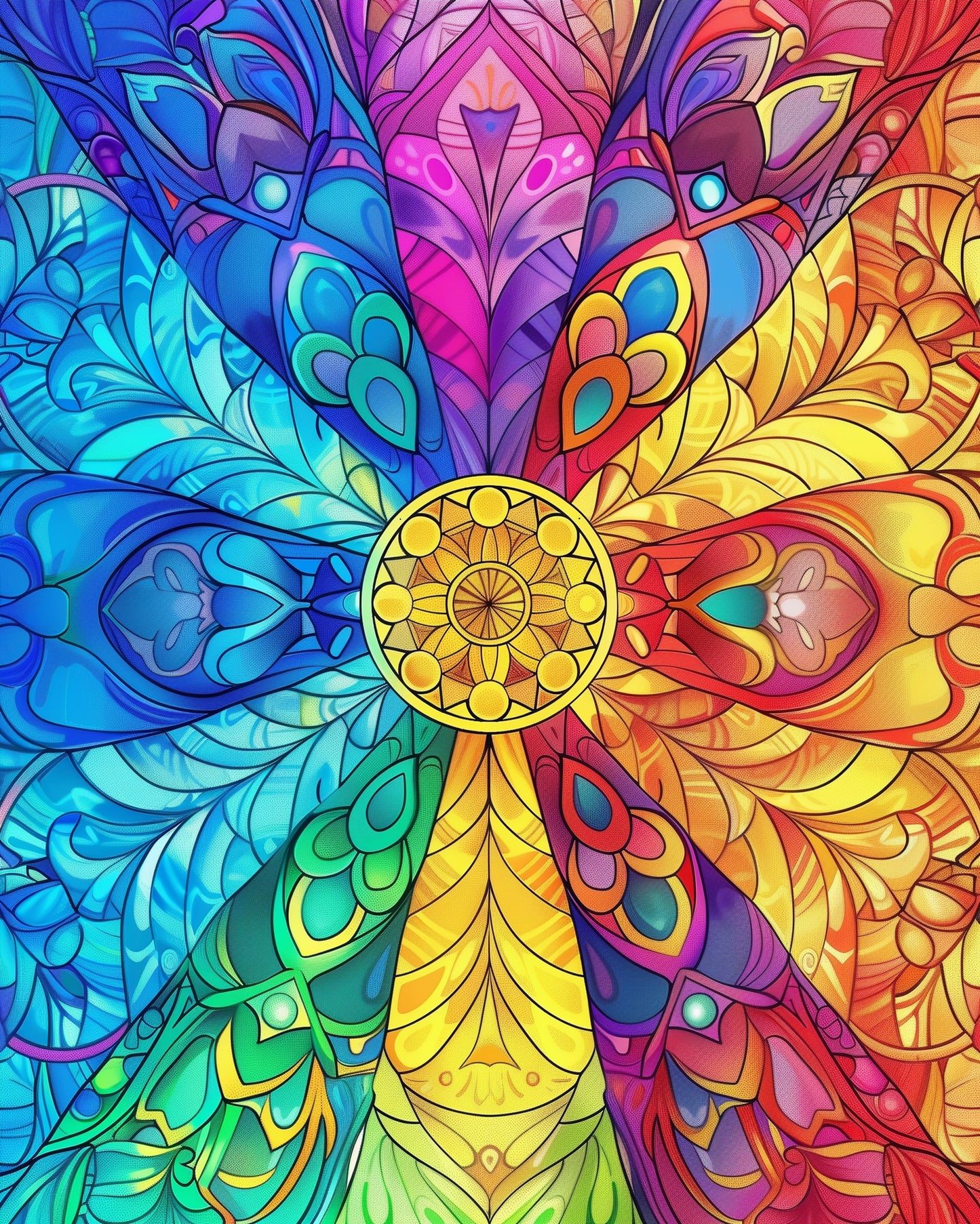 Ein lebhaftes und farbenfrohes Mandala von miicreaitve, bekannt als Farbenfroher Frieden - Mandalas. Diese Malen nach Zahlen Kits bieten ein Regenbogenspektrum an Farben und fördern kreative Achtsamkeit.