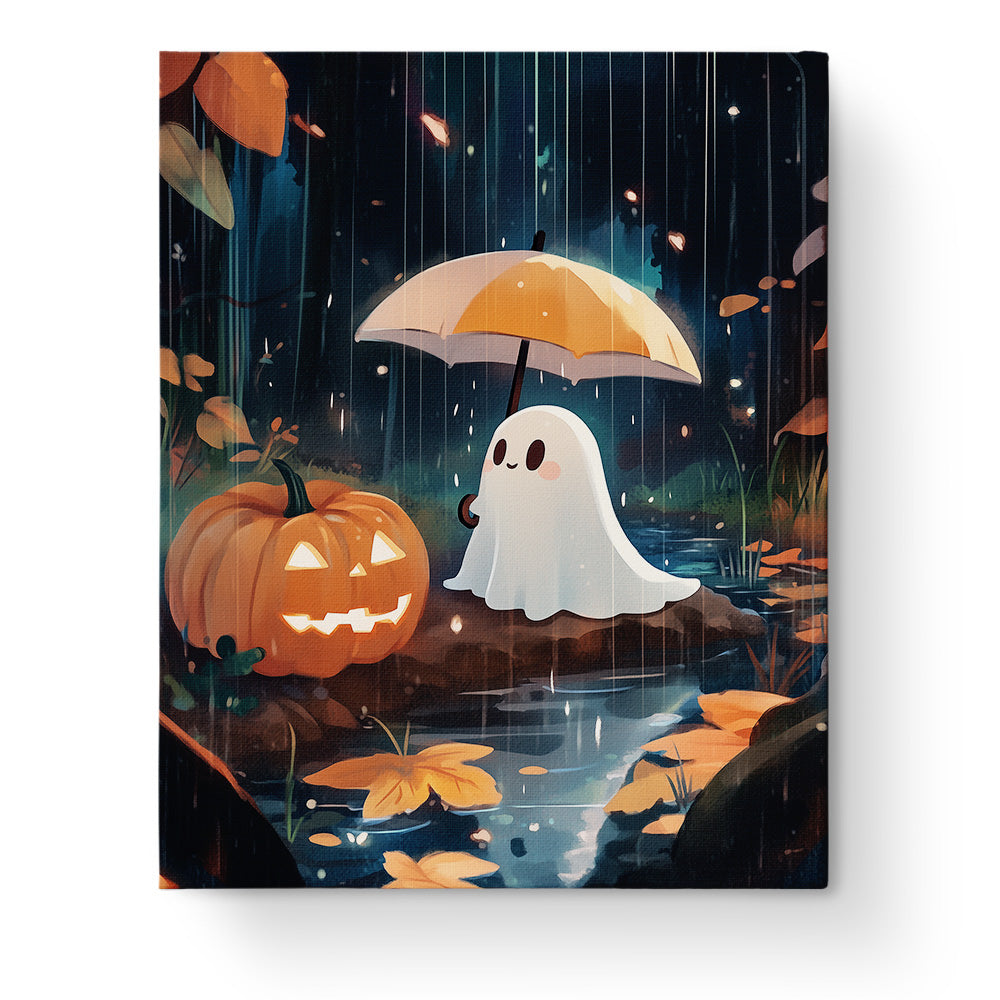 Ein bezauberndes Geisterbild mit Regenschirm und Kürbis von miicreative. Geisterhafte Regenzauber - Halloween, ideal für kreative Entspannung.