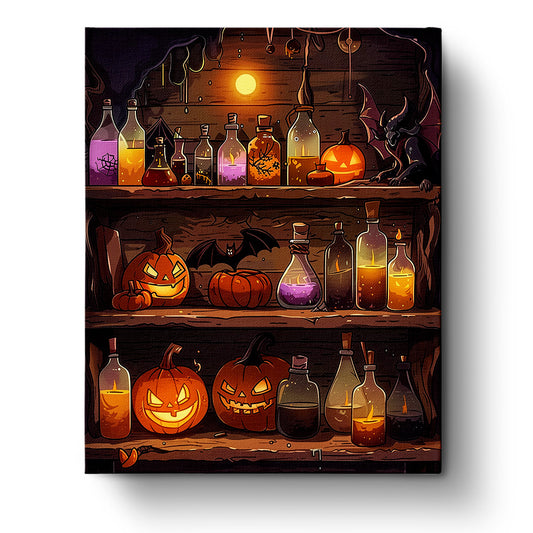 Illustration eines Halloween-Alchemie-Regals mit Flaschen, Kürbissen und einer Fledermaus. Titel: Geheimnisvolle Halloween-Alchemie - miicreaitve. Die warmen Farben und geheimnisvollen Elemente regen zu Achtsamkeit und Kreativität an.