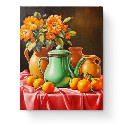 Orangen und Blumenpracht Still Life von miicreative. Eine harmonische Komposition von leuchtend orangefarbenen Blumen und Orangen. Malen nach Zahlen bietet dir eine entspannende und kreative Auszeit.