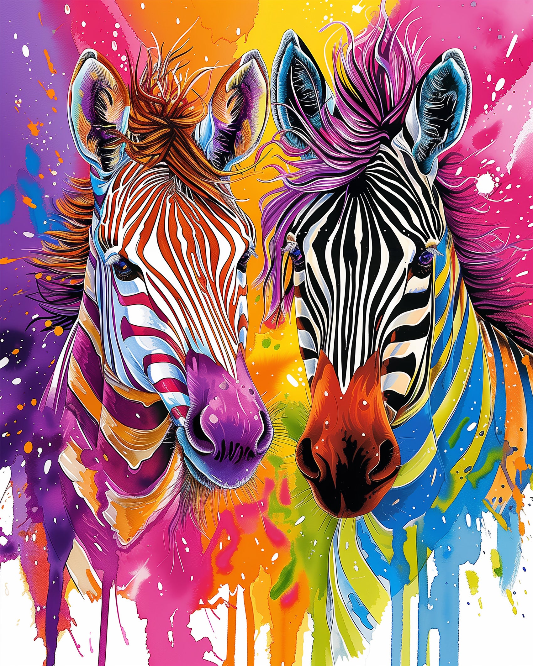 Farbenfrohe Zebras in leuchtenden Farben. 'Farbenfrohe Zebras - Abstract Animals' Malen nach Zahlen Set von miicreaitve. Ein kreatives und meditatives Erlebnis mit lebhaften Streifen und ausdrucksstarken Augen.