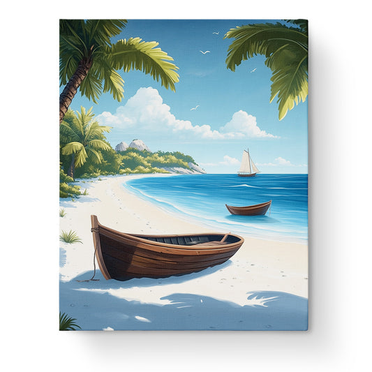 Ruhe am Strand - Sea Landscape von miicreative. Ein ruhiger Strand mit Booten, Palmen und blauem Meer. Perfekt für achtsames Malen nach Zahlen und kreative Entspannung.