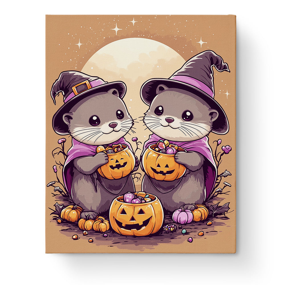 Niedliche Otter in Hexenkostümen unter einem magischen Mond von miicreaitve. Ein kreatives und entspannendes Malen nach Zahlen Kit für alle Halloween-Fans.