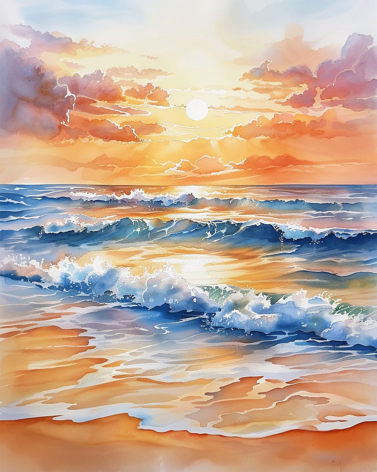 Meditatives Erlebnis mit leuchtenden Farben von Wellen des Sonnenuntergangs von miicreative. Malen nach Zahlen Set, perfekt gegen Stress.