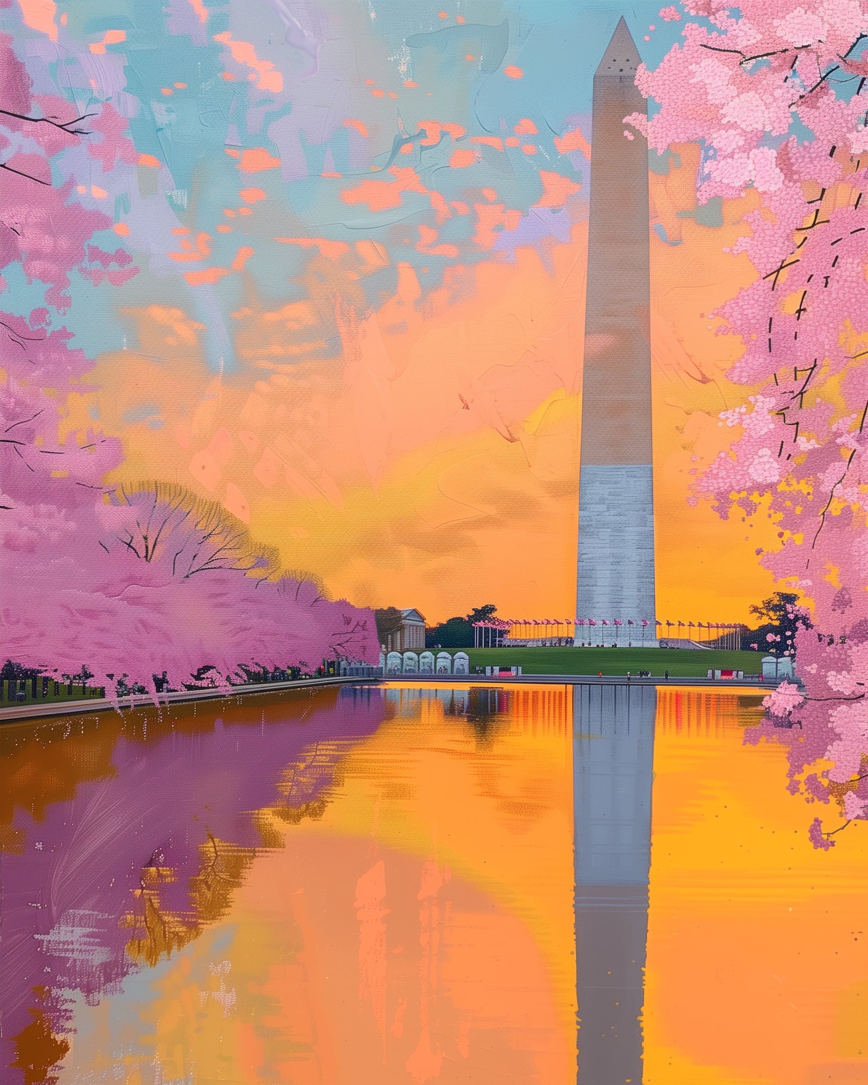 Frühlingszauber in Washington - USA Malen nach Zahlen Set von miicreaitve. Darauf sind Kirschblüten und das Washington Monument in warmen Pastelltönen zu sehen, die eine kreative und achtsame Stimmung vermitteln.