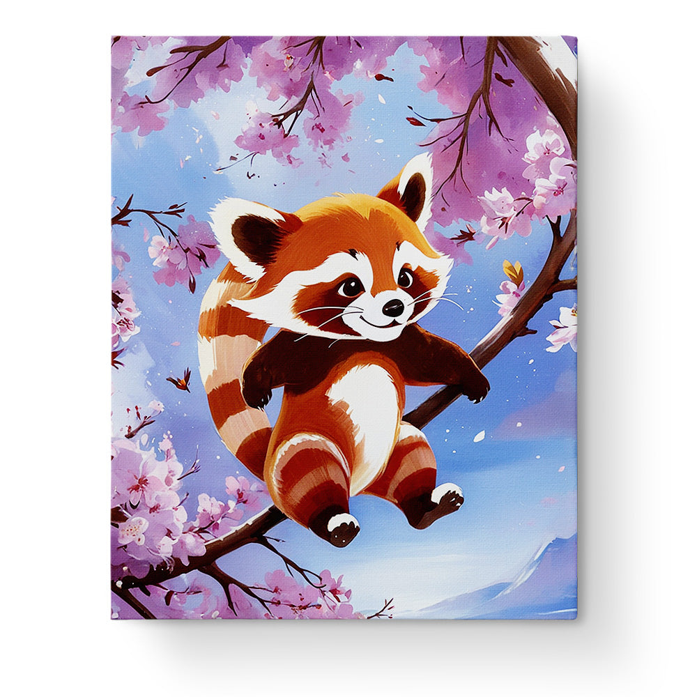 Ein fröhlicher Panda, der zwischen rosa Blüten an einem Ast sitzt, mit dem Produkt Fröhlicher Panda im Blütenbaum - Kids von miicreaitve. Lebendige Farben und ein kreatives Erlebnis für Kinder.