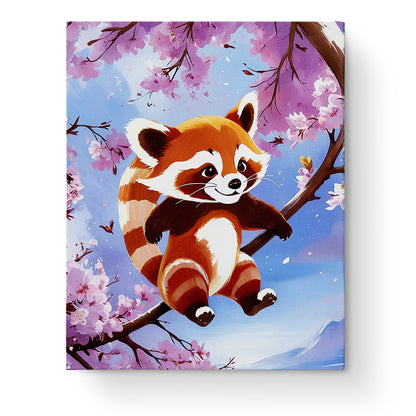 Ein fröhlicher Panda, der zwischen rosa Blüten an einem Ast sitzt, mit dem Produkt Fröhlicher Panda im Blütenbaum - Kids von miicreaitve. Lebendige Farben und ein kreatives Erlebnis für Kinder.