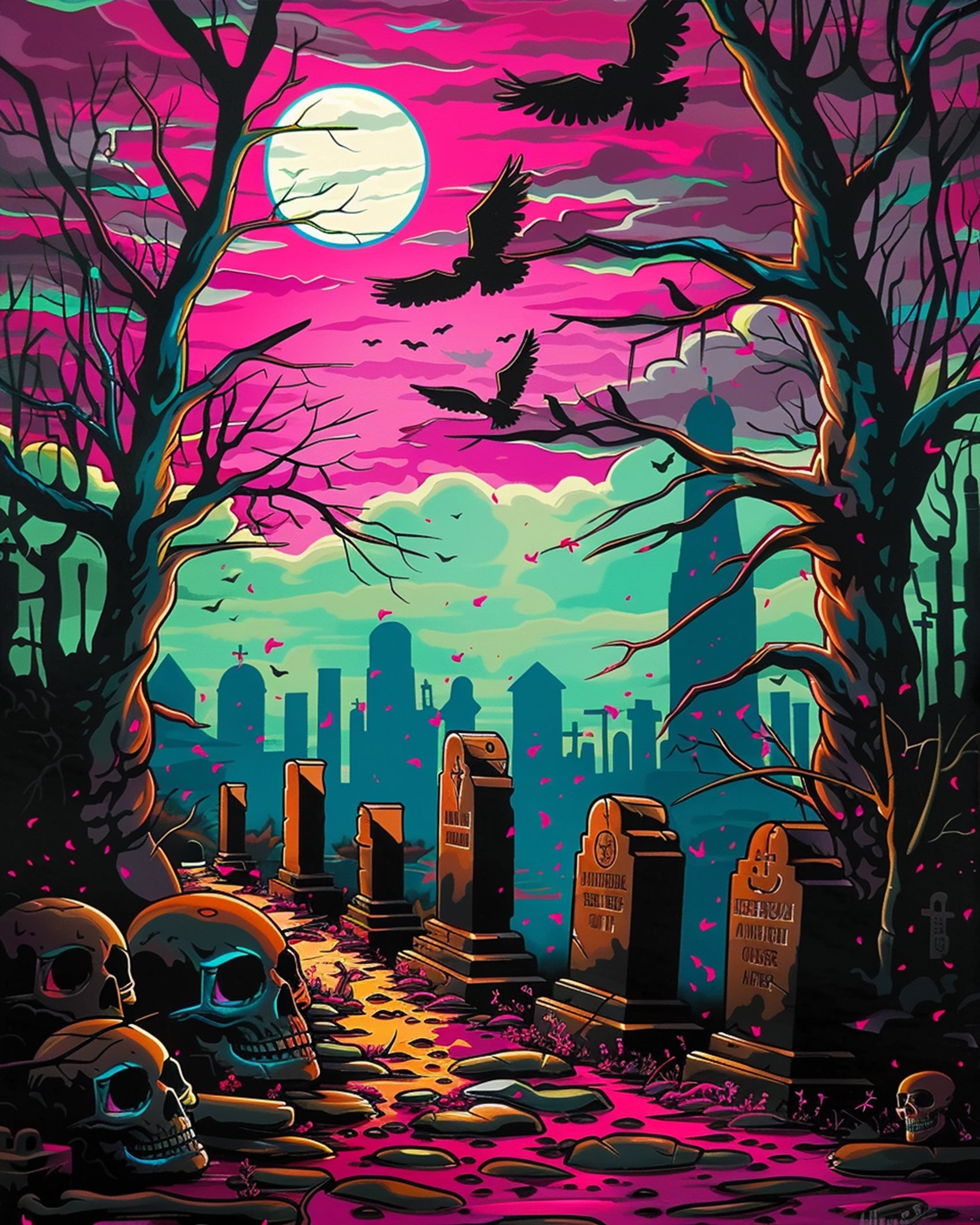 Bild des Malen nach Zahlen Kits 'Mystischer Friedhof - Halloween' von miicreaitve. Zeigt lebendige Farben, eine gespenstische Friedhofsszene mit Totenköpfen und Krähen unter einem mystischen Himmel. Perfekte Kombination von Kreativität und Achtsamkeit.