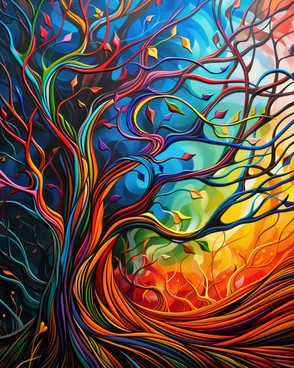 Ein leuchtend bunter Baum verleiht dem Baum der Farben - Meditation Malen nach Zahlen Kit von miicreaitve seine unvergleichliche visuelle Pracht. Die kräftigen Farben und verwobenen Linien heben den meditativen und kreativen Aspekt des Produkts hervor.