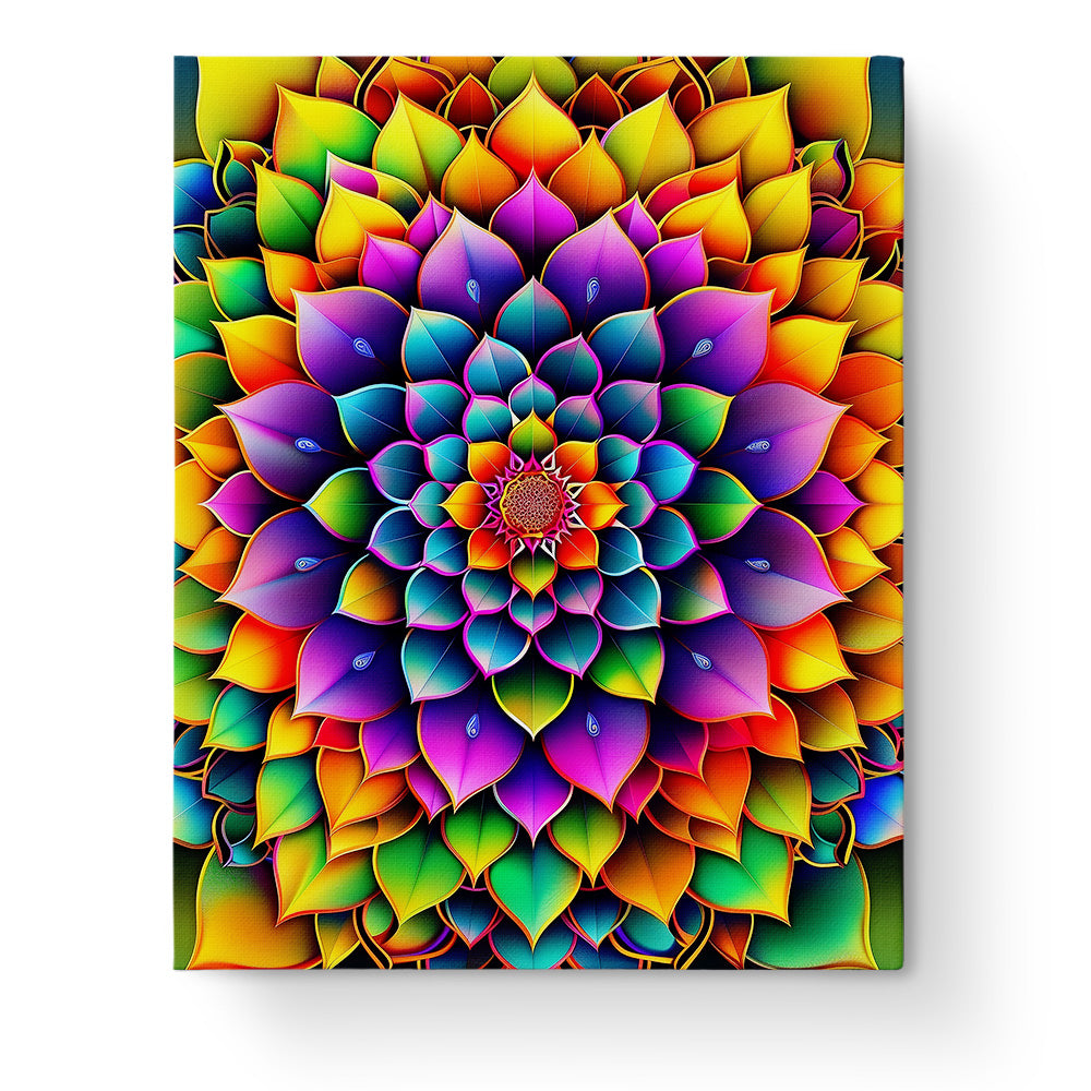 Buntes Mandala-Bild von miicreaitve mit leuchtenden Blüten und kräftigen Farben, inspiriert von Achtsamkeit und Kreativität. Perfekt für das Malen nach Zahlen Erlebnis.