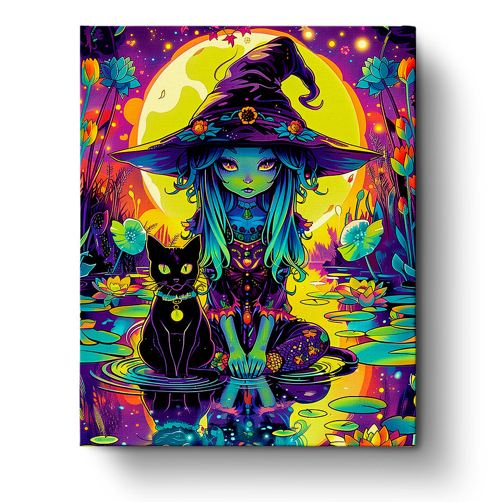 Bild von einer zauberhaften Hexe mit Katze im Mondschein, Produkt 'Zauberhafte Hexe mit Katze - Halloween' von miicreaitve. Lebendige Farben und mystische Elemente betonen den meditativen und kreativen Aspekt des Kits.