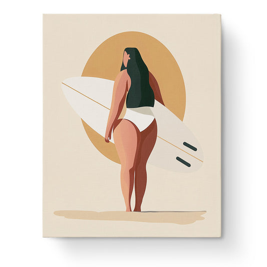 Sonne und Meer Minimalistic von miicreative. Eine Frau mit Surfbrett vor einer großen Sonne. Malen nach Zahlen für Achtsamkeit und Kreativität.