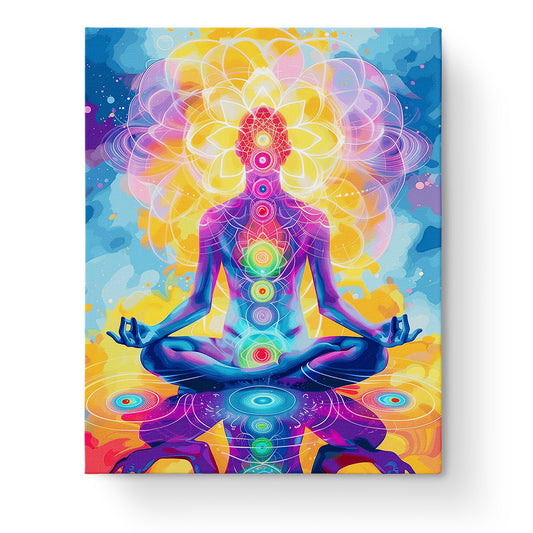 Ein meditatives Bild von miicreaitve zeigt eine Person in Lotusposition mit leuchtenden Chakra-Farben. Perfekt für Achtsamkeit und Kreativität mit dem Malen nach Zahlen Kit 'Chakra Farbspiel' - Meditation.