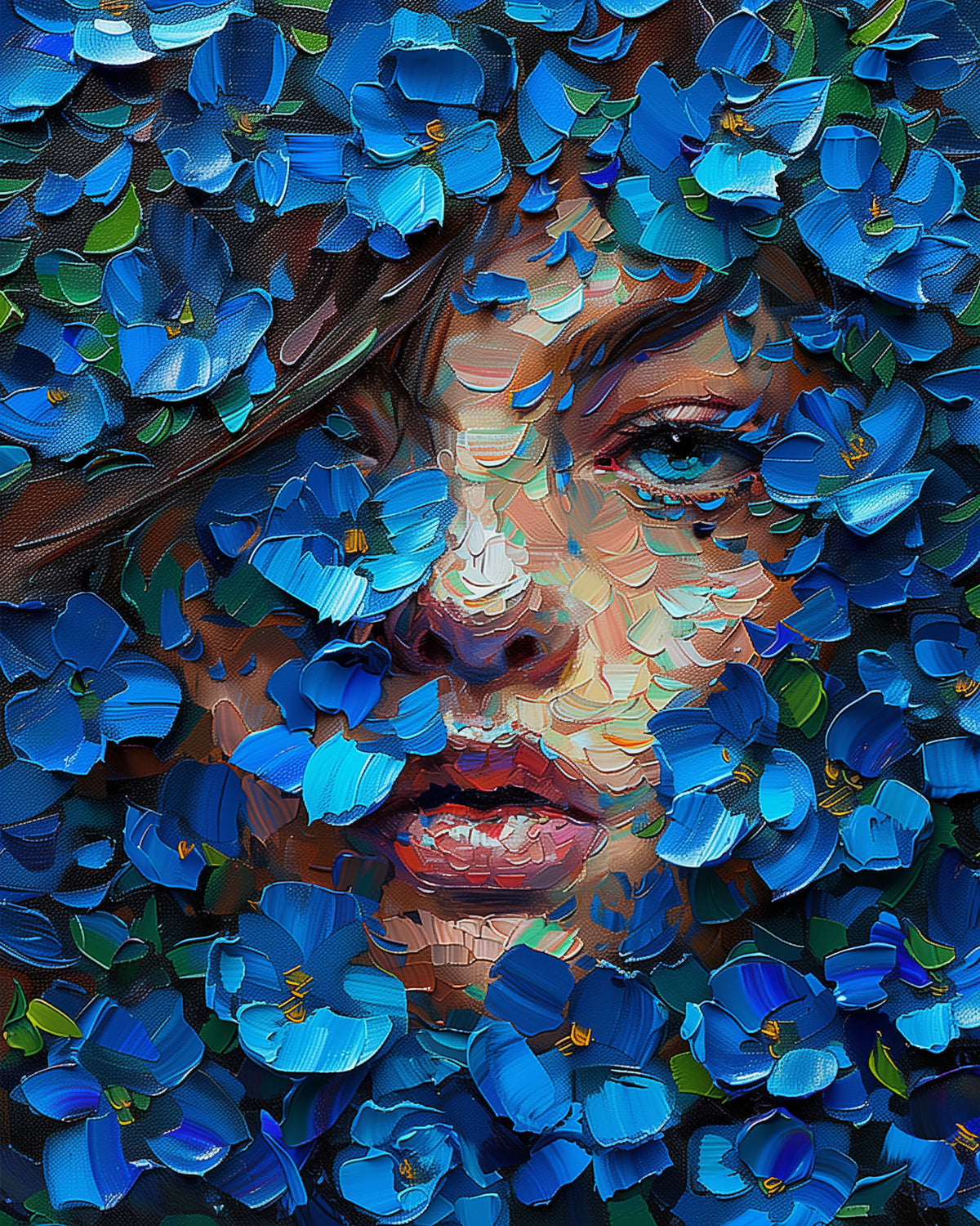 Ein inspirierendes Kunstwerk von miicreative: Blaue Blüten, die ein Frauengesicht umgeben. Ideal für Stressabbau und kreative Entfaltung durch Malen nach Zahlen. Miicreative bringt Kunst zu dir.
