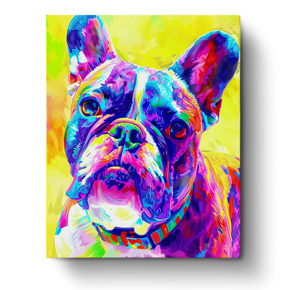 Ein leuchtendes Bild einer farbenfrohen Bulldogge von miicreaitve aus der Reihe Bunte Bulldogge - Abstract Animals. Die lebhaften Farben fördern Achtsamkeit und Kreativität.