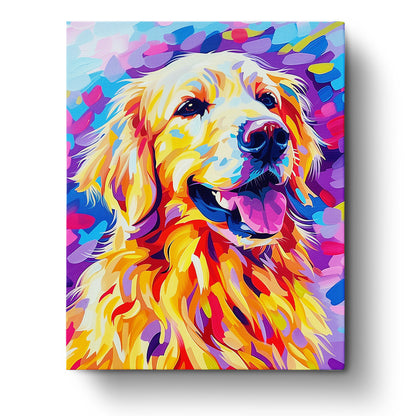 Ein leuchtend bunter Retriever in strahlenden Gelb-, Rosa- und Blautönen, Teil von Fröhlicher Retriever - Abstract Animals von miicreaitve. Ideal für Achtsamkeit und Kreativität.