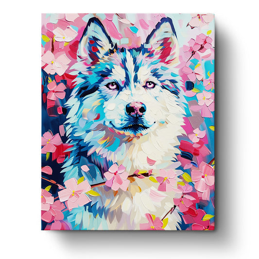 Bunte Darstellung eines Wolfes umgeben von rosa Blüten, Blütenzauber Wolf - Abstract Animals mit miicreaitve. Brillante Farben schaffen einen meditativen Genuss beim Malen.