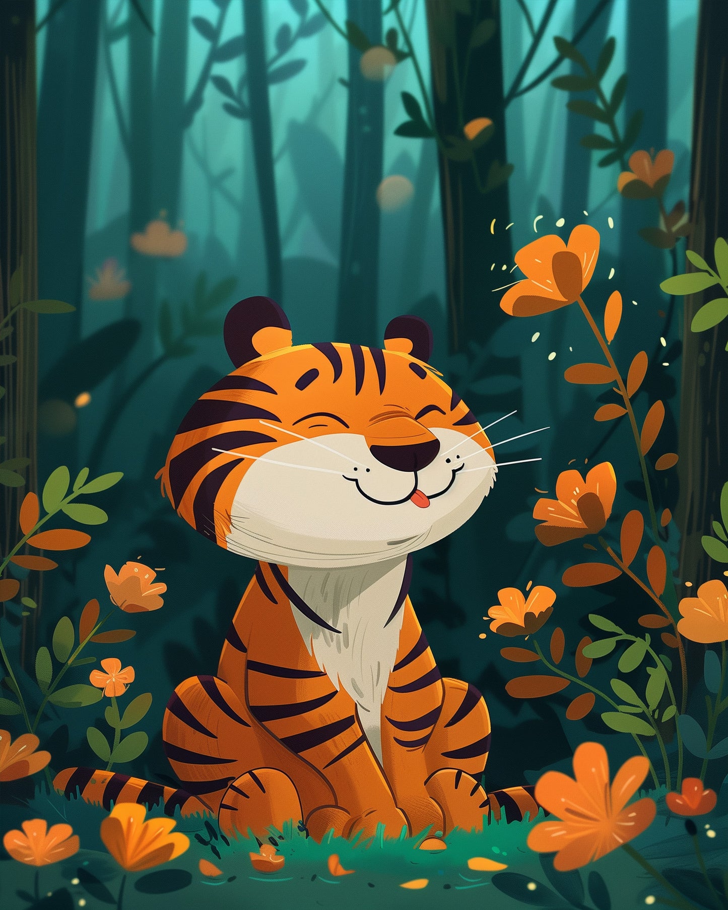 Ein fröhlicher Tiger umgeben von leuchtend orangefarbenen Blumen im dichten Wald, illustriert im Malen nach Zahlen Set von miicreaitve. Betone den fröhlichen und kreativen Aspekt dieses kindgerechten Bildes.