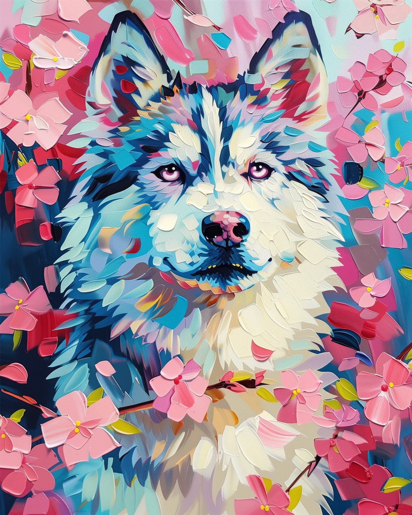 Bunte Darstellung eines Wolfes umgeben von rosa Blüten, Blütenzauber Wolf - Abstract Animals mit miicreaitve. Brillante Farben schaffen einen meditativen Genuss beim Malen.