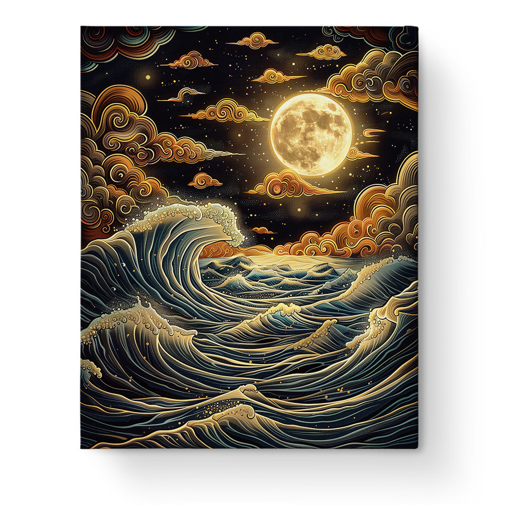 Ein dramatisches Seesturm-Motiv mit vollen Wellen und einem leuchtenden Mond. Der Titel 'Mondschein über Wellen - Sea Landscape' von miicreative. Malen nach Zahlen für Achtsamkeit und Kreativität.