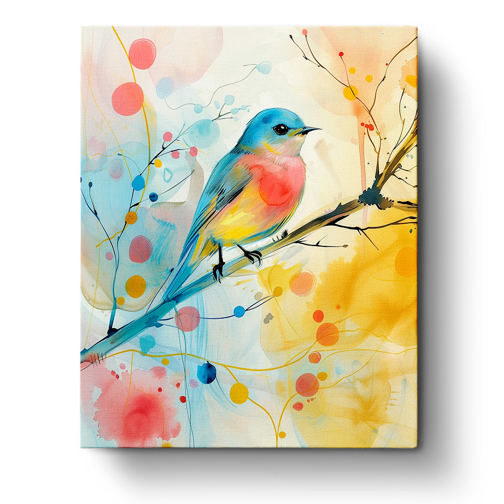 Illustration eines bunten Singvogels auf einem Ast mit warmen und kühlen Farbpaletten. Malen nach Zahlen Set 'Bunter Singvogel - Bohemian Vibes' von miicreaitve. Fördert Kreativität und Achtsamkeit.