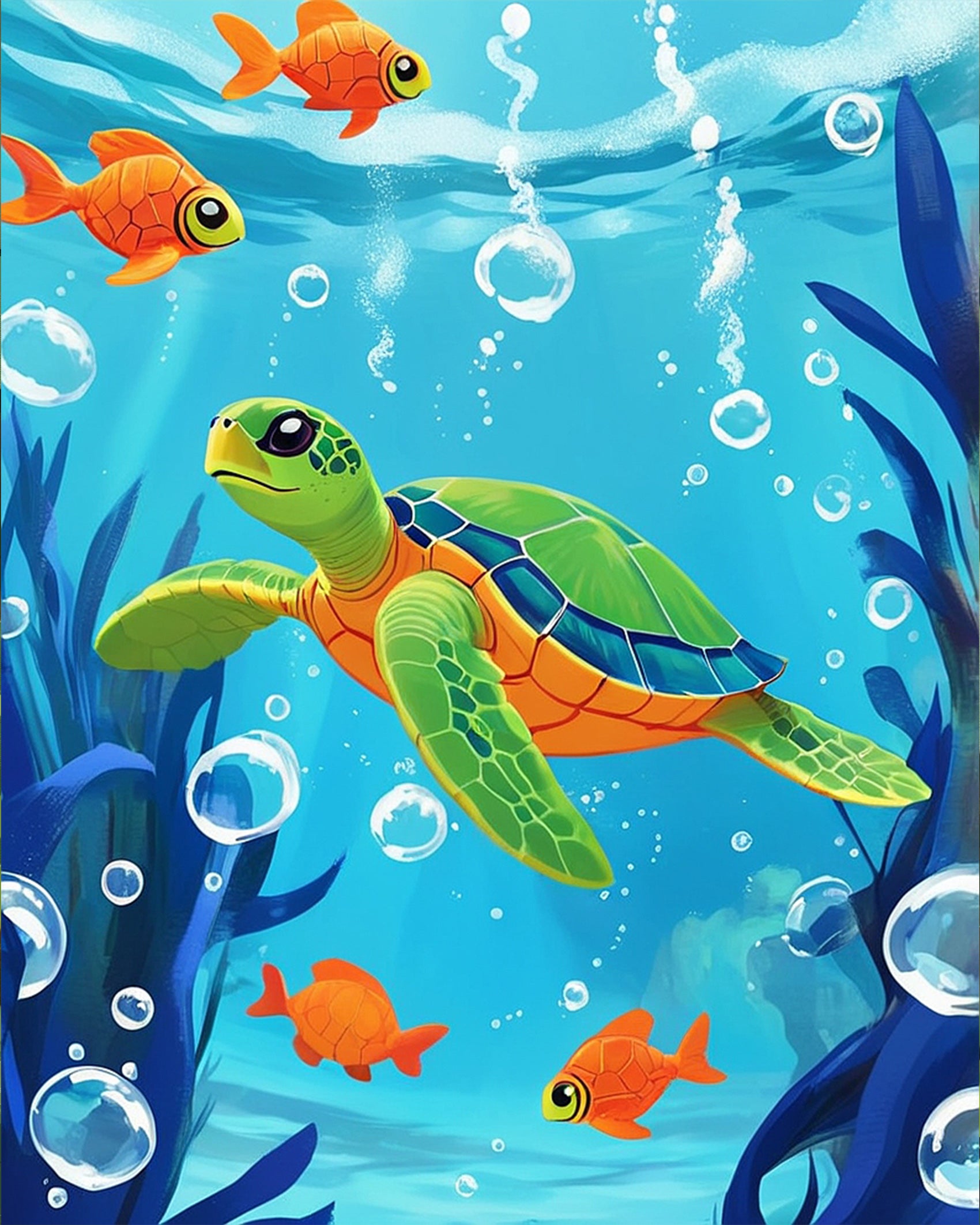 Eine bunte Unterwasserszene mit einer Schildkröte und Fischen aus dem Set 'Unterwasserschätze entdecken - Kids' von miicreaitve. Lebendige Farben und detailreiche Designs fördern Achtsamkeit und Kreativität.