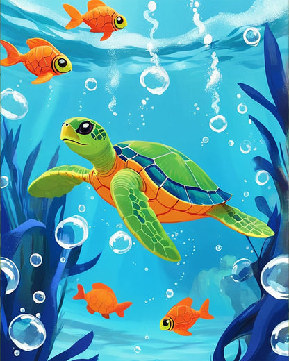 Eine bunte Unterwasserszene mit einer Schildkröte und Fischen aus dem Set 'Unterwasserschätze entdecken - Kids' von miicreaitve. Lebendige Farben und detailreiche Designs fördern Achtsamkeit und Kreativität.