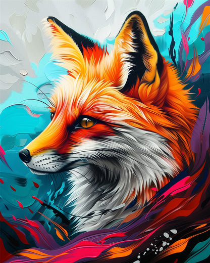 Lebhaftes Portrait eines abstrakten Fuchses mit kräftigen Farben und dynamischen Formen. Der Titel ist 'Fuchs im Farbenmeer - Abstract Animals' von miicreaitve. Das Bild betont die meditative und kreative Seite des Kits.