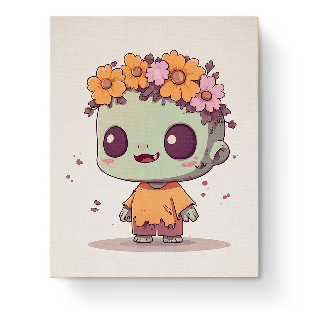 Ein charmantes Zombie-Kind mit Blumen im Haar von miicreaitve. Bunte Blumenkrone auf einem niedlichen Zombie-Kopf. Meditative Kreativität und Spaß.