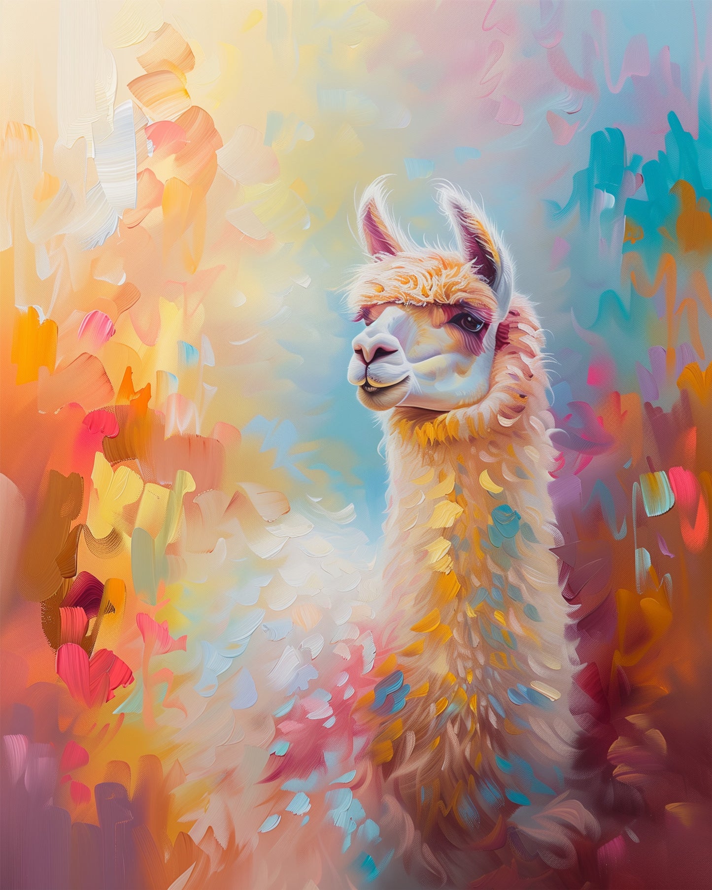 Ein abstraktes Gemälde eines fröhlichen Lamas in leuchtenden Pastelltönen. Fröhliches Lama - Abstract Animals, miicreaitve. Das Bild strahlt Lebendigkeit und Kreativität aus, ideal für Achtsamkeit und künstlerische Entfaltung.