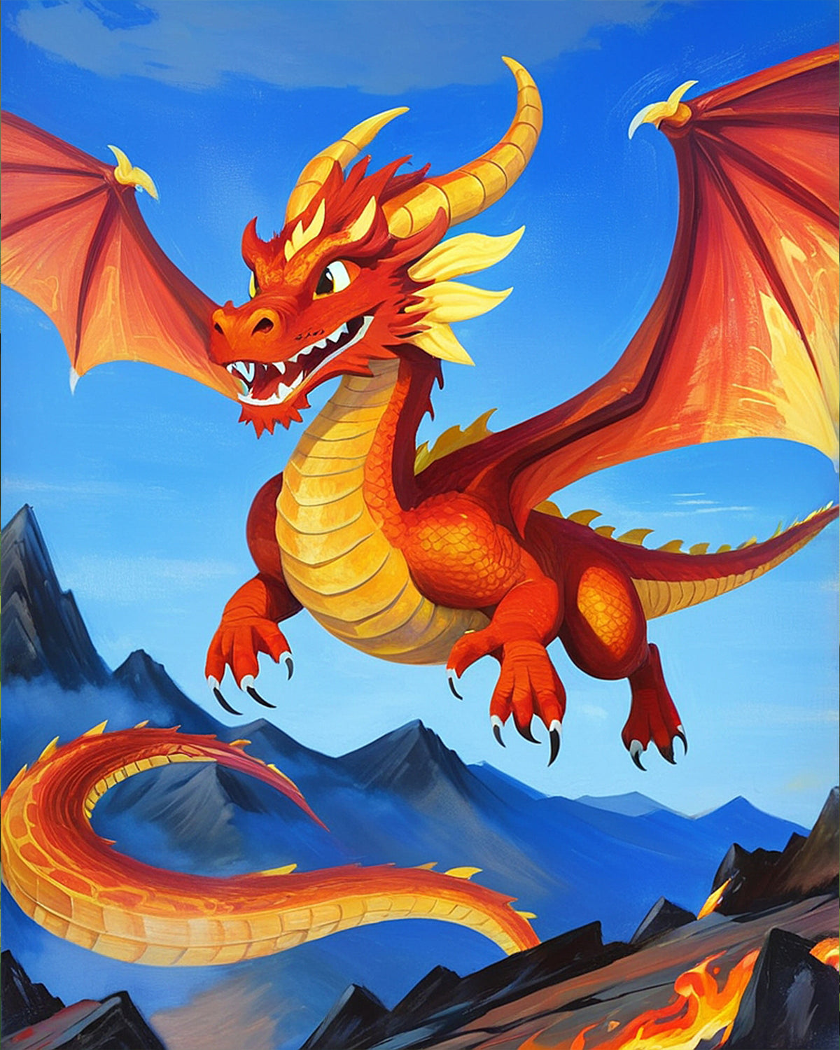 Ein leuchtend roter Drache schwebt am Himmel. Das Bild zum Produkt Feuriger Drache - Kids von miicreaitve strahlt durch kräftige Farben und kreative Details. Fördert Achtsamkeit und Kreativität.