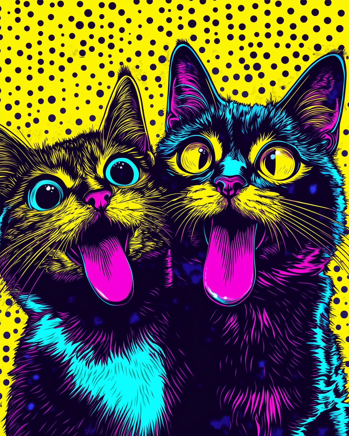 Bunte Pop Art Katzen mit auffälligen Augen auf gelbem Hintergrund. Malen nach Zahlen Kit von miicreative. Diese einzigartige künstlerische Erfahrung fördert Entspannung und kreative Entfaltung.