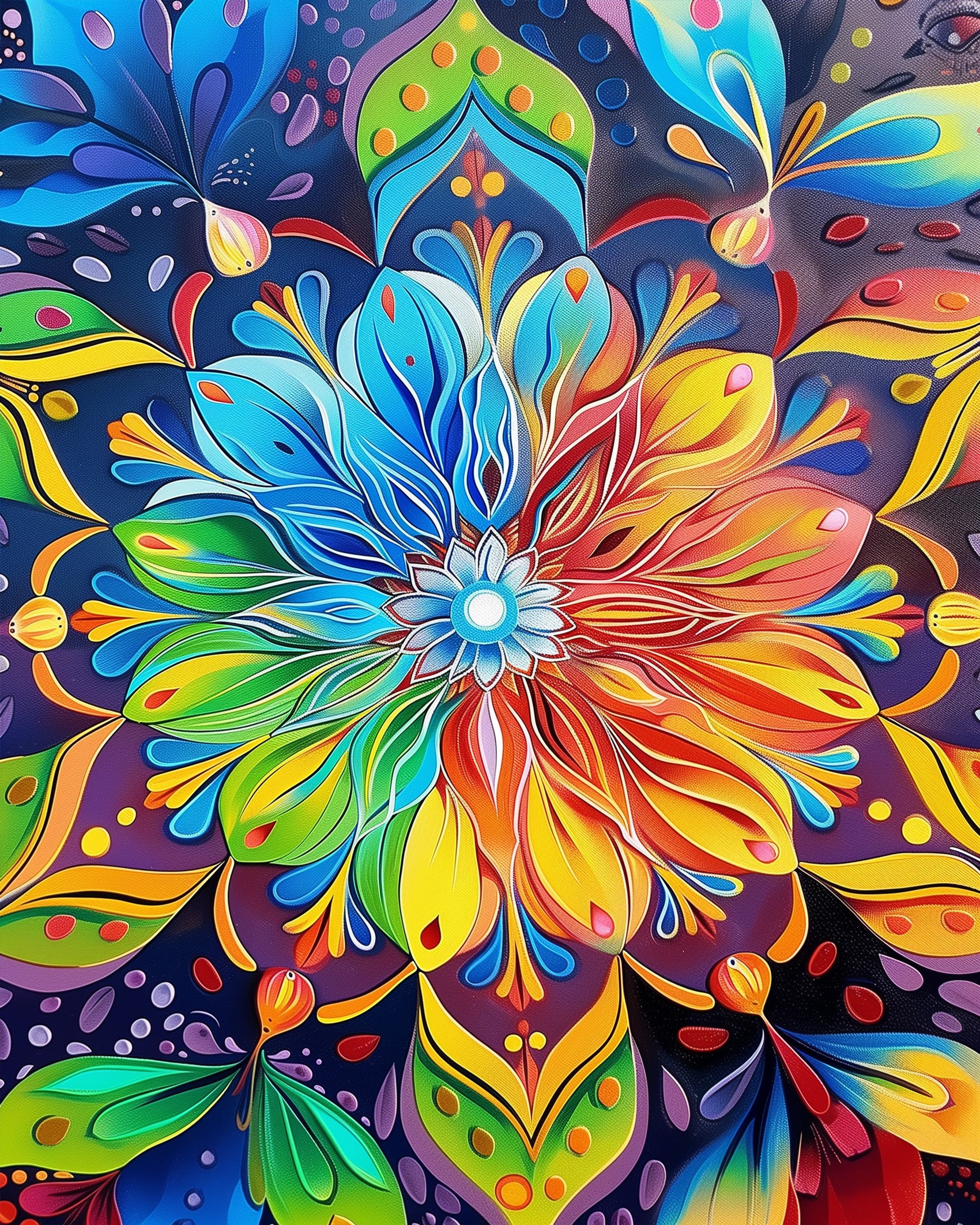 Ein lebhaftes und farbenfrohes Blütenmandala, das mit dem Produkt 'Farbenfrohes Blütenmandala - Meditation' von miicreaitve gestaltet wurde. Dieses Bild betont die reichen Farben und die meditative Kunst der Malen nach Zahlen Methode.