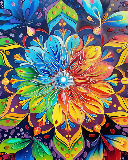 Ein lebhaftes und farbenfrohes Blütenmandala, das mit dem Produkt 'Farbenfrohes Blütenmandala - Meditation' von miicreaitve gestaltet wurde. Dieses Bild betont die reichen Farben und die meditative Kunst der Malen nach Zahlen Methode.