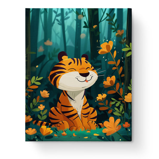 Ein fröhlicher Tiger umgeben von leuchtend orangefarbenen Blumen im dichten Wald, illustriert im Malen nach Zahlen Set von miicreaitve. Betone den fröhlichen und kreativen Aspekt dieses kindgerechten Bildes.