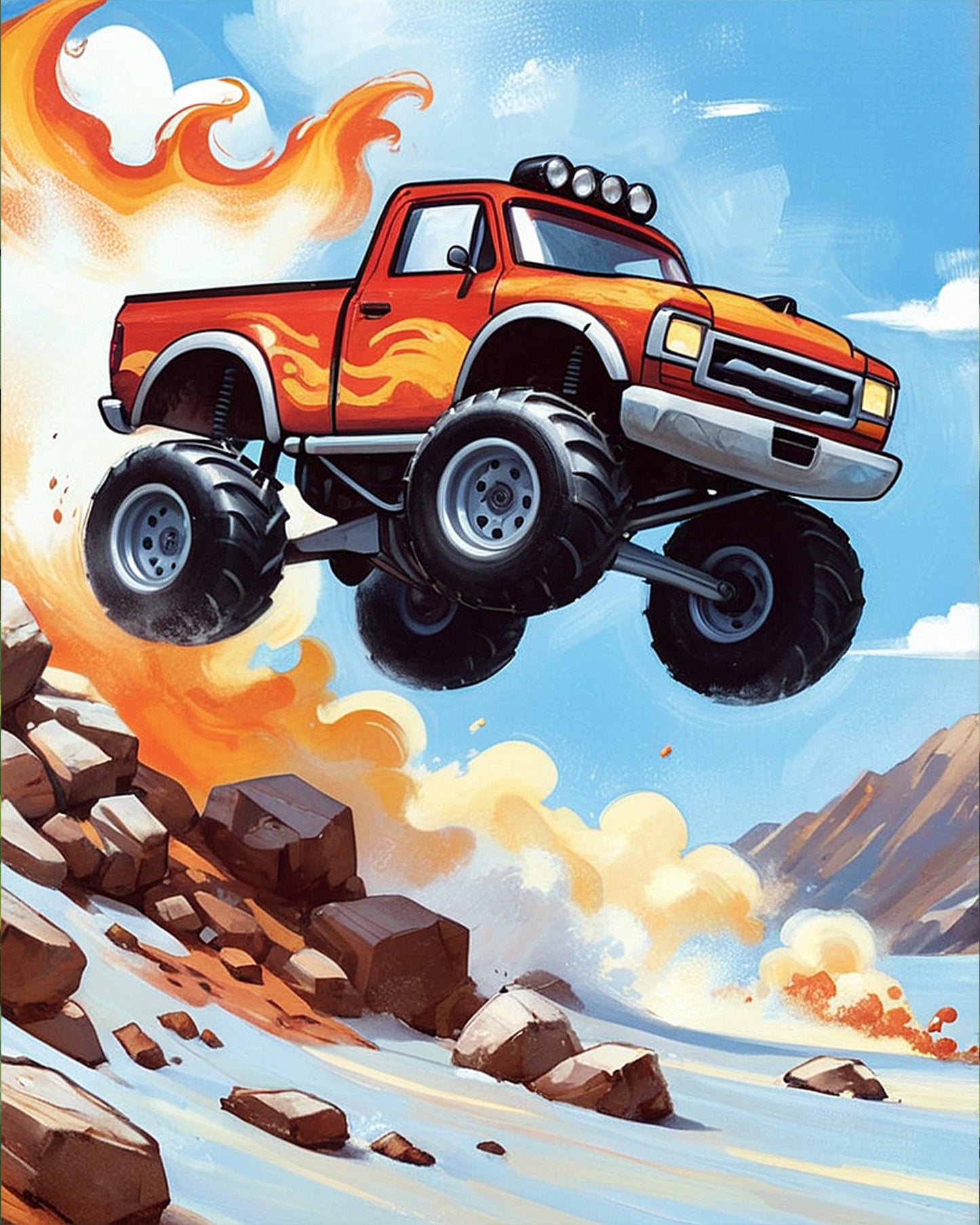 Ein feuriger Monstertruck springt durch felsiges Gelände. Das Bild zeigt die dynamische Energie und Kreativität, die mit dem Feuriger Monstertruck - Kids Malen nach Zahlen Set von miicreaitve erfahrbar wird. Lebendige Farben und ein Gefühl von Abenteuer.