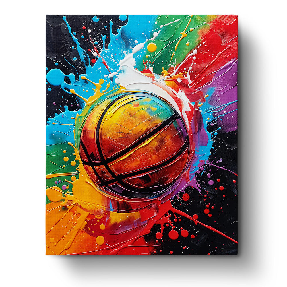 Ein Basketball, der in einem bunten Farbspritzer eingefangen ist, von der Marke miicreaitve. Das Bild präsentiert lebendige Farben und vermittelt ein kreatives und meditatives Erlebnis.