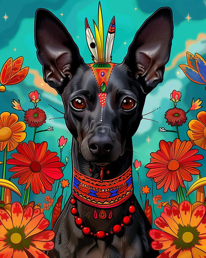 Ein faszinierendes Bild eines Xoloitzcuintlis, verziert mit bunten Blumen und Federschmuck, perfekt für das Malen nach Zahlen Kit Aztekischer Xoloitzcuintli - Mexiko von miicreaitve. Lebendige Farben fördern Kreativität und Achtsamkeit.