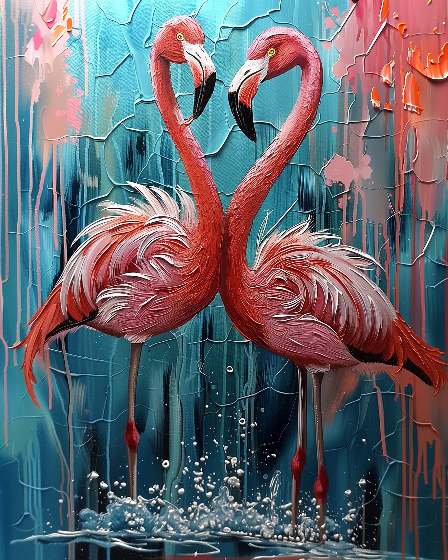 Zwei leuchtend rosa Flamingos im abstrakten Stil von miicreaitve in sanften Blau- und Rosatönen. Perfektes Malen nach Zahlen Set für entspannte Kreativität.