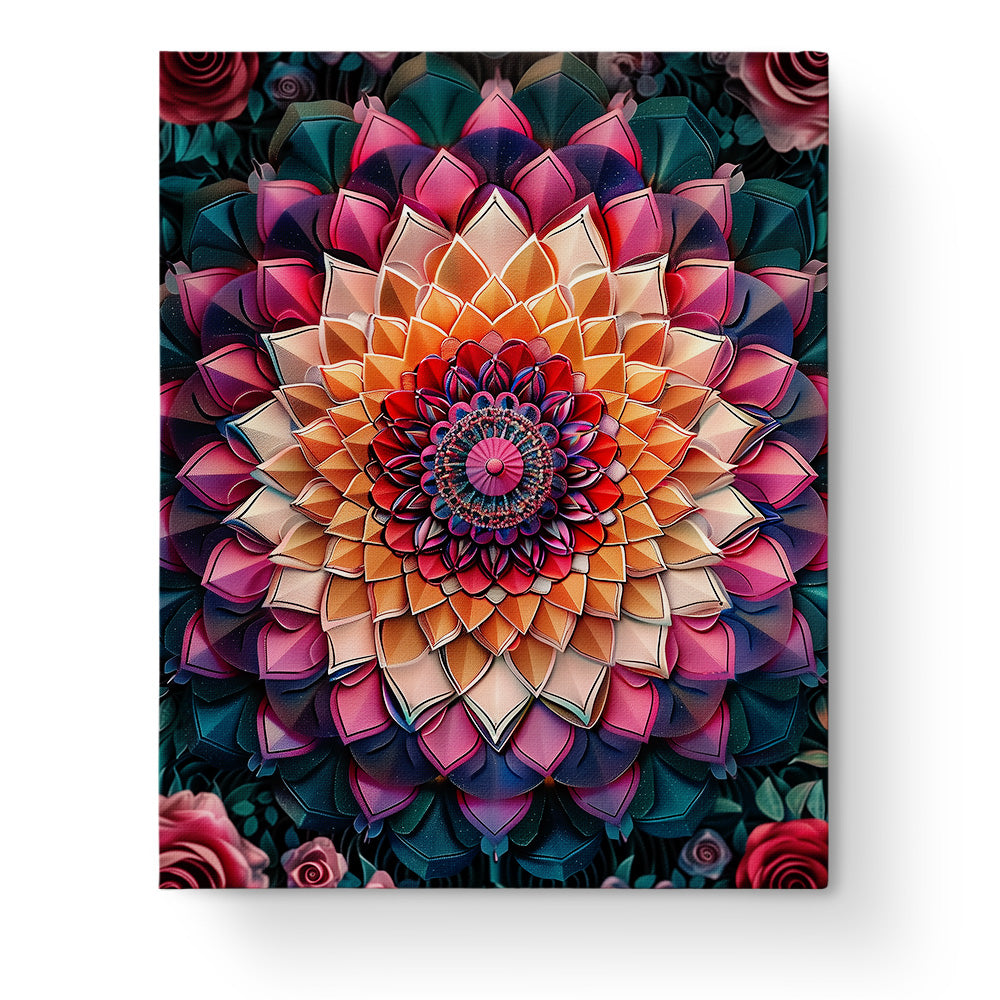 Ein faszinierendes Bild eines floralen Mandala-Kunstwerks in leuchtenden Rot-, Orange- und Pinktönen, Produkt 'Blütenzauber - Mandalas' von miicreaitve. Ideal für Meditation und kreative Entspannung.