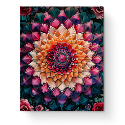 Ein faszinierendes Bild eines floralen Mandala-Kunstwerks in leuchtenden Rot-, Orange- und Pinktönen, Produkt 'Blütenzauber - Mandalas' von miicreaitve. Ideal für Meditation und kreative Entspannung.