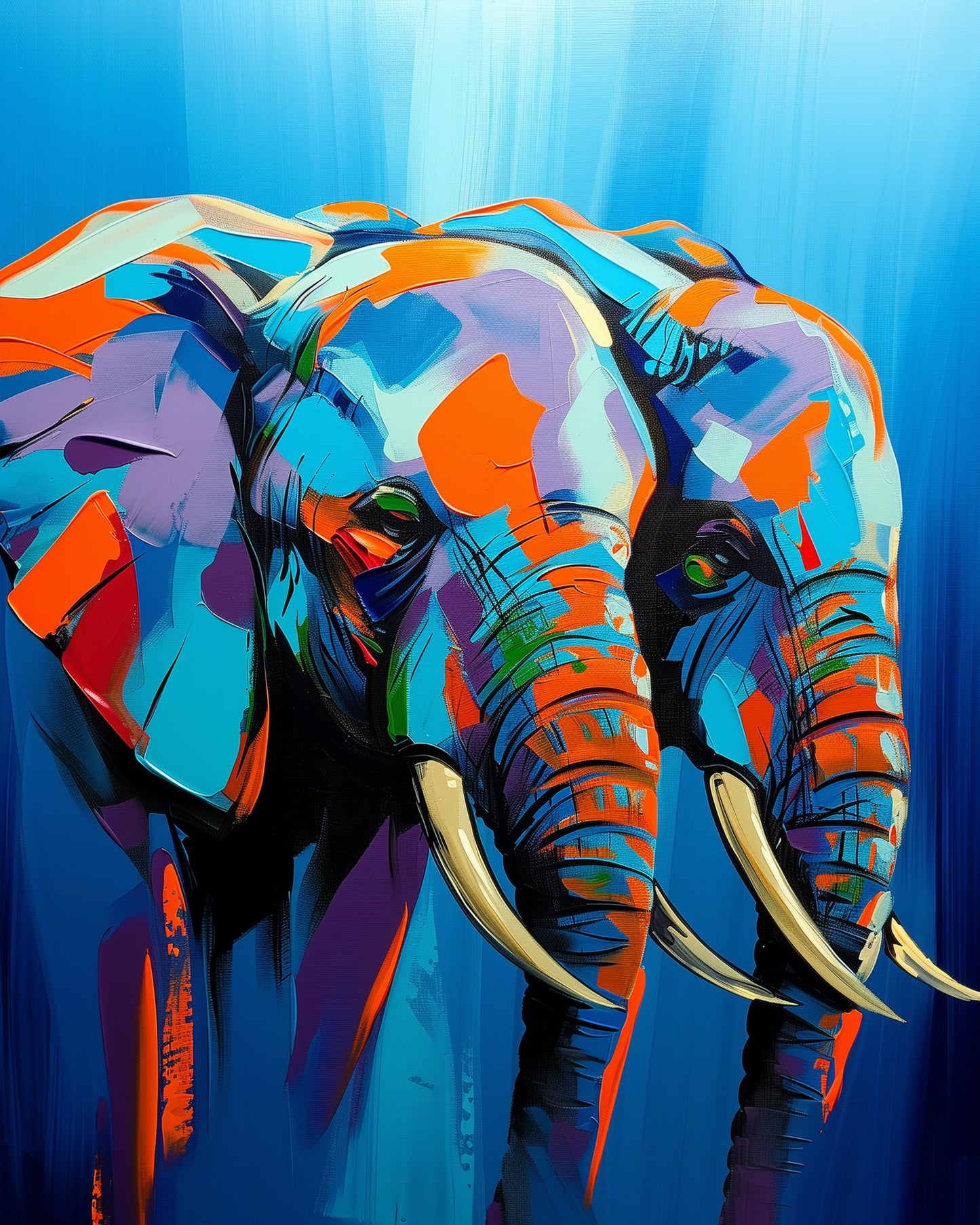 Bild eines abstrakten, farbenfrohen Elefanten in lebhaften Blau-, Orange- und Lila-Tönen aus dem Set Farbenfroher Elefant - Abstract Animals von miicreaitve. Betonung auf kreativer und meditativer Malerfahrung.