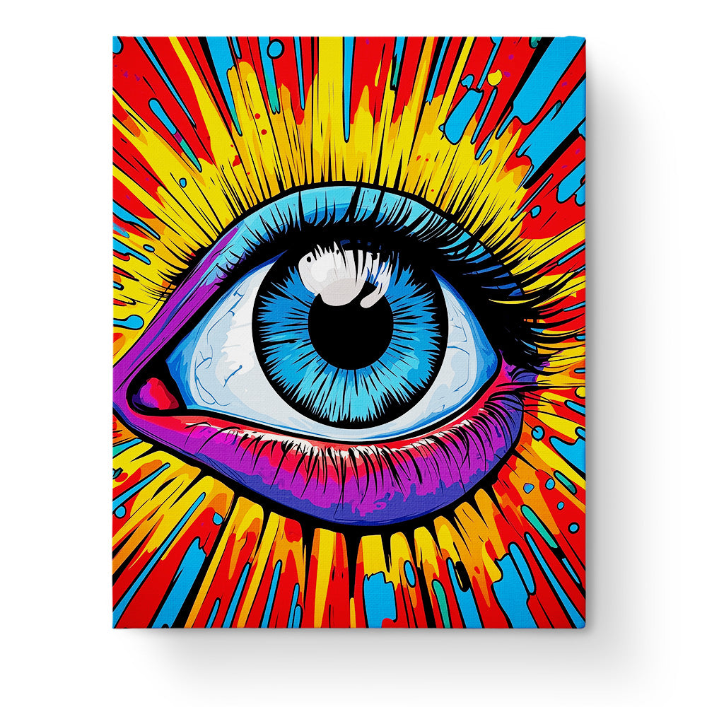 Ein lebendiges Pop Art Auge in intensiven Farben von miicreaitve. Perfekt für Malen nach Zahlen Projekte, die Kreativität und Achtsamkeit fördern.