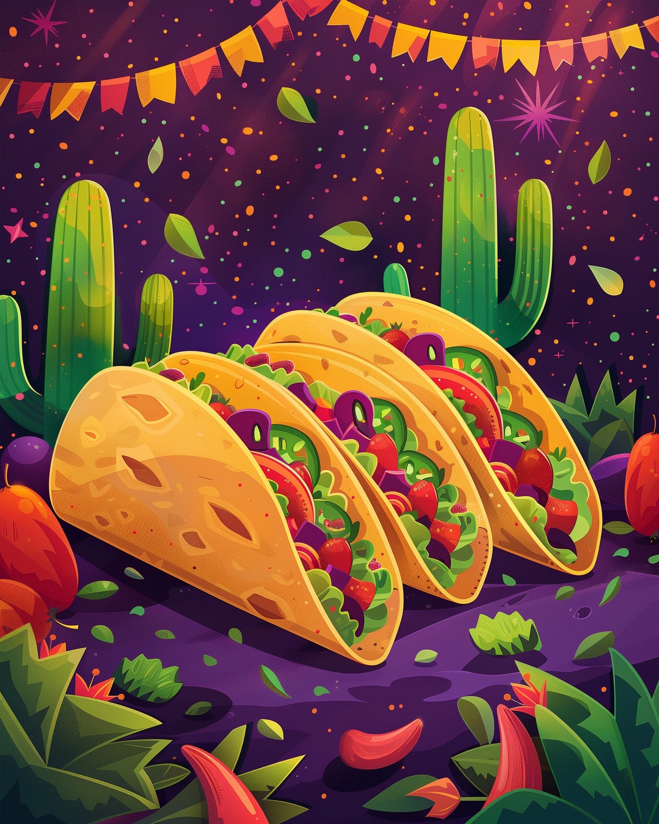 Illustratives Bild von drei farbenfrohen Tacos mit Kaktus im Hintergrund, Fiesta der Tacos - Mexiko, miicreaitve. Lebhafte Farben und mexikanische Motive fördern Kreativität und Achtsamkeit.