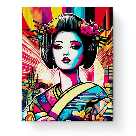 Eine leuchtende Geisha in Pop Art Stil von miicreative mit kräftigen Farben und kreativen Details. Malen nach Zahlen für Achtsamkeit.