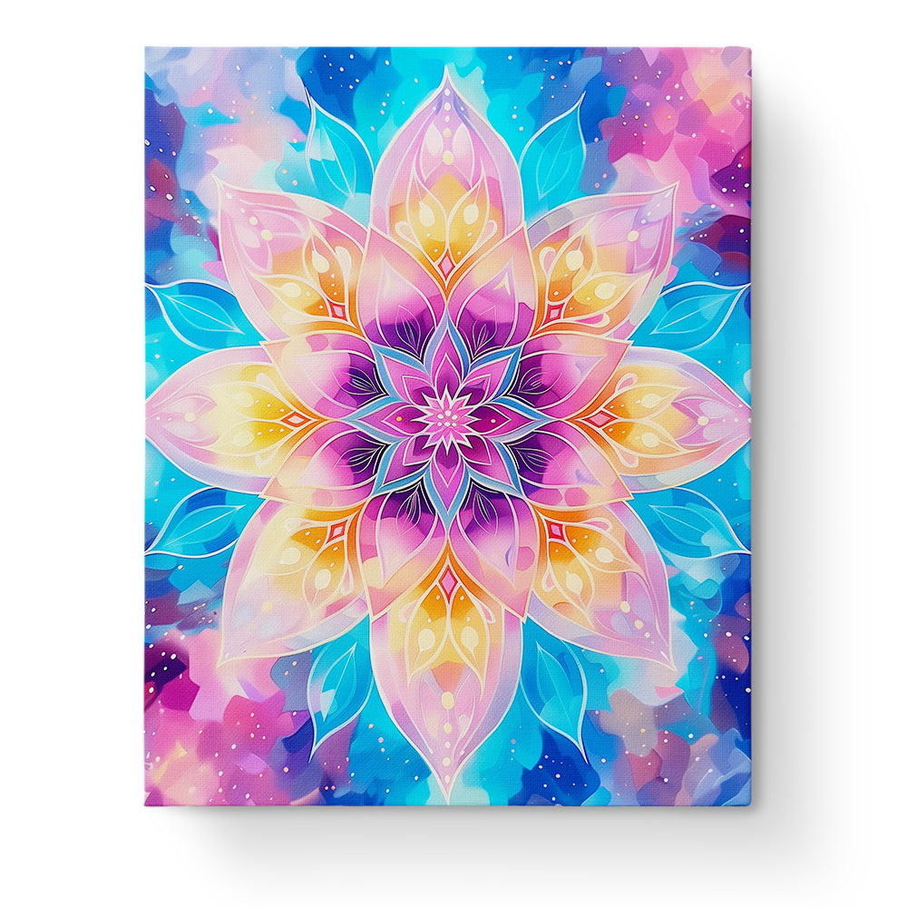 Ein lebendiges Mandala mit leuchtenden Farben von Rosa, Blau und Gold. Dies ist das Blühende Mandala Harmonie Set von miicreaitve, ideal für Meditation und kreative Entspannung.